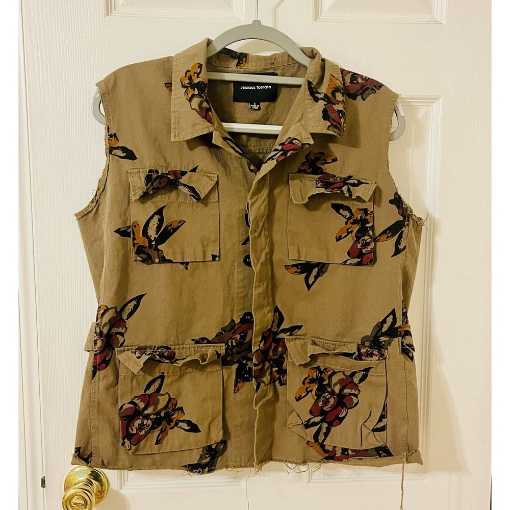 Jealous Tomato Utility Jacket Women's Small Brown Floral Print Cut Out Sleeves